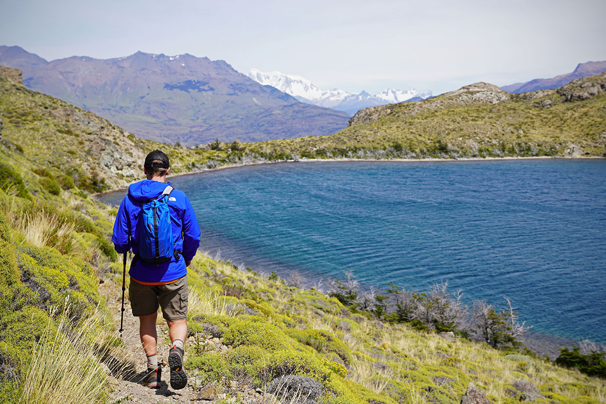 Vasque Breeze AT Mid hiking boots (hiking by lake in Patagonia)